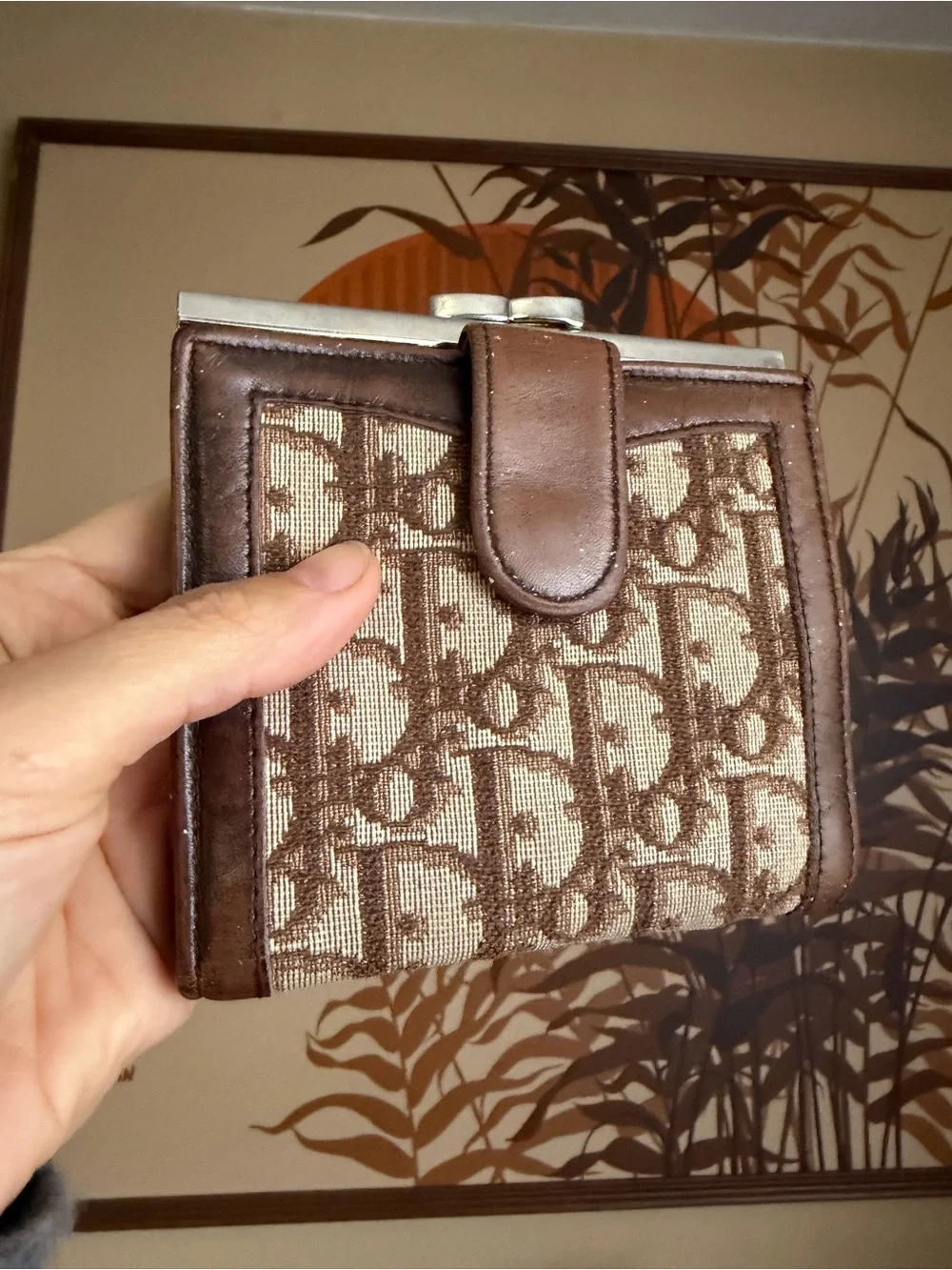 Vintage Christian Dior Trotter Oblique Canvas & Leather Kiss-Lock Compact Wallet